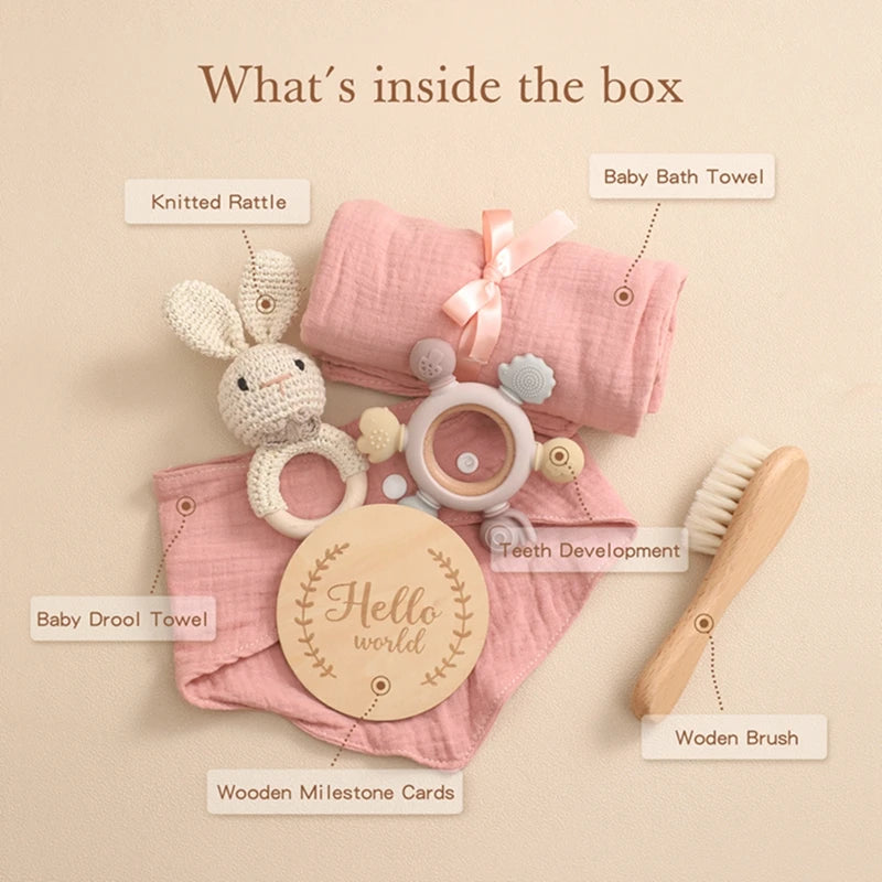 Baby presentset – badleksaker, silikonbitring & virkad skallra